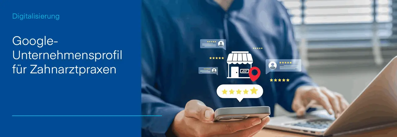 Person hält Smartphone mit digitalem Google-Unternehmensprofil und Bewertungen.