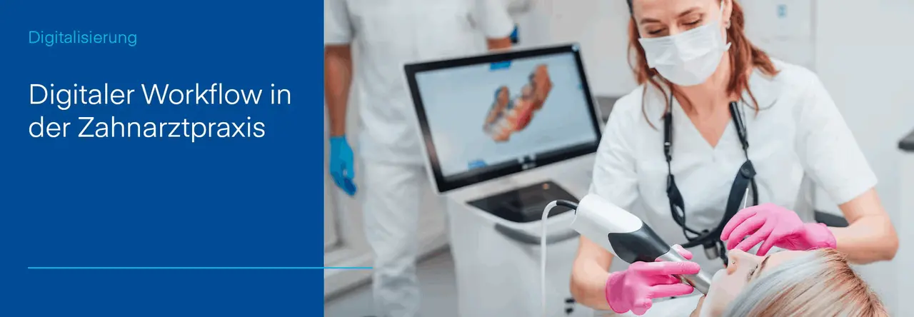 Zahnärztin scannt Mund einer Patientin mit digitalem Intraoralscanner.