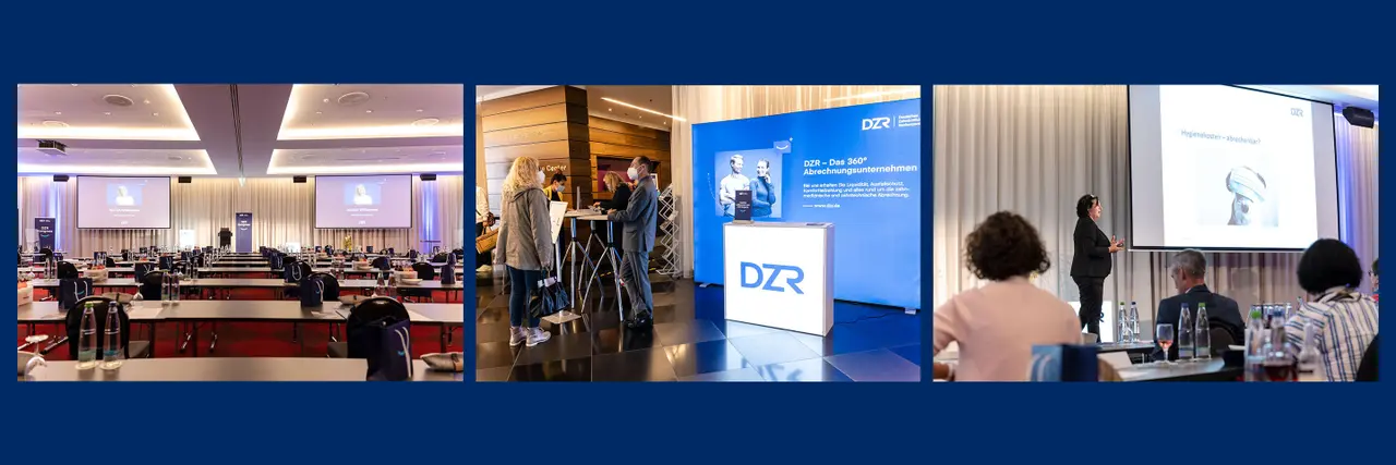 Dunkelblauer Hintergrund, auf dem drei Bilder eingebettet sind, eins zeigt einen leeren Konferenzsaal, das mittlere zeigt eine blaue Werbewand, das rechte zeigt eine Referentin bei ihrem Vortrag