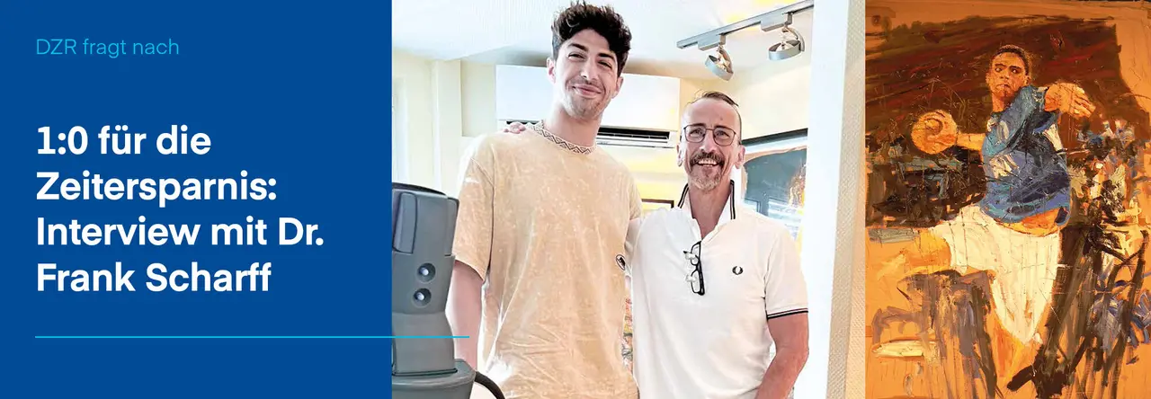 Dreigeteiltes Bild: Links blauer Hintergrund mit Text "1:0 für Zeitersparnis: Interview mit Dr. Frank Scharff", daneben Bild von Dr. Frank Scharff mit dem Handballspieler Giorgi Tskhovrebadze, daneben ein Gemälde aus der Praxis von Dr. Scharff auf dem ein Handballspieler zu sehen ist. | © Bildquelle: Dr. Frank Scharff, Montage: DZR
