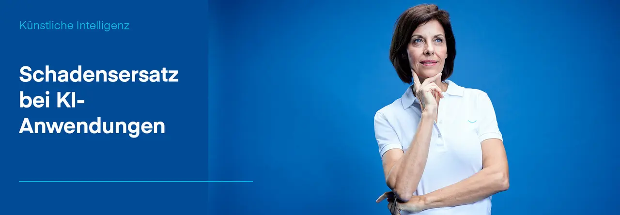 Zweigeteiltes Bild links blauer Hintergrund mit weißer Schrift "Schadensersatz bei KI-Anwendungen", daneben braunhaarige mittelalte Zahnärztin, die nachdenklich nach rechts schaut