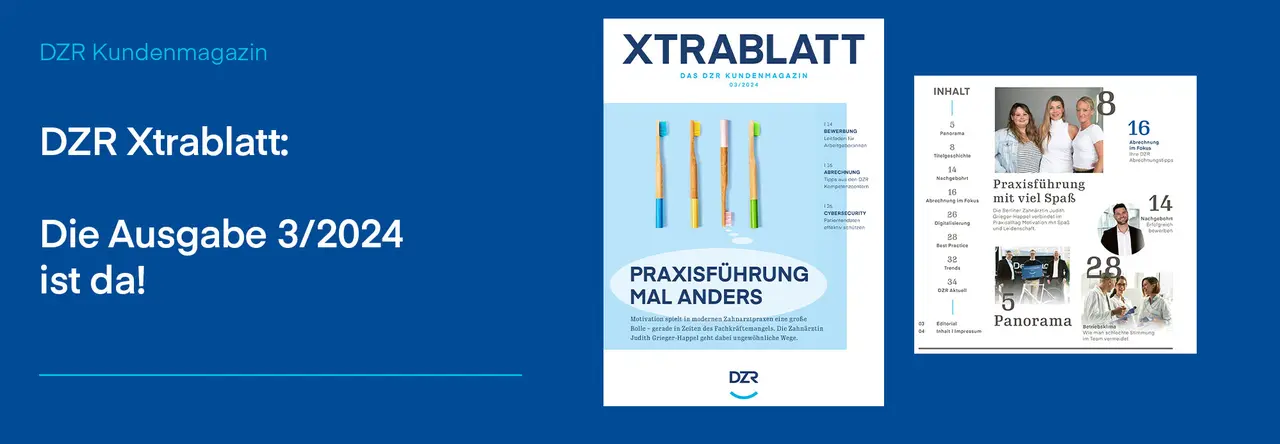 Zweigeteiltes Bild: Links weiße Schrift "DZR Xtrablatt: Die Ausgabe 3/2024 ist da", daneben Titelbild und ein Auszug aus der Ausgabe