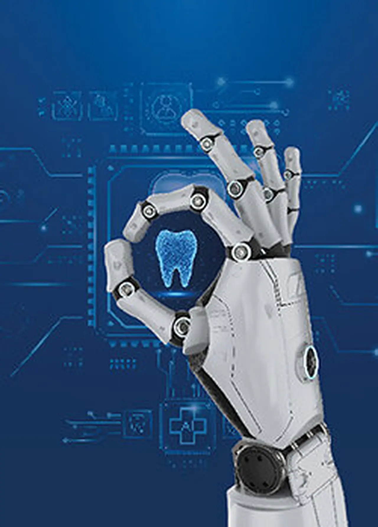 Roboterhand vor blauem futuristischen Hintergrund formt mit Fingern ein o, im o ist ein Zahn.
